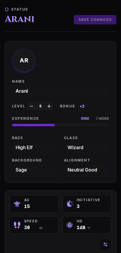 Character sheet of a level 5 wizard with ability scores, saving throws, hit points and spell slots